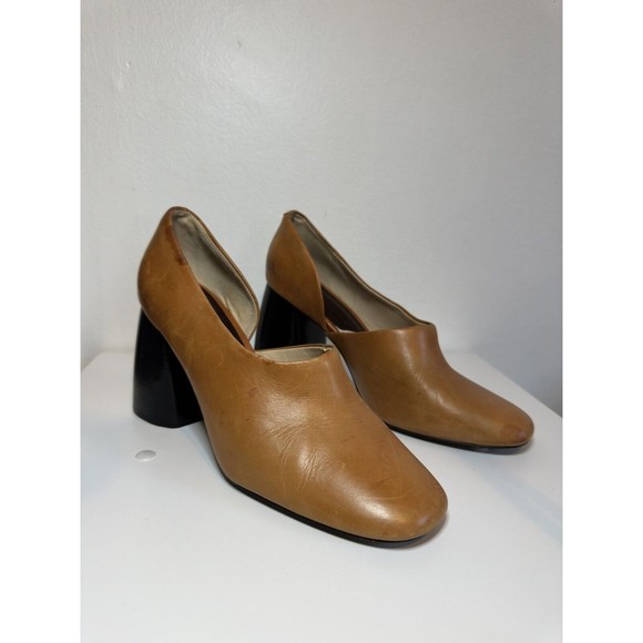 MNG By Mango Leather Heels 9 Mule Retro Chunky Block Heels Unique Funky 70s Heel - Picture 1 of 16